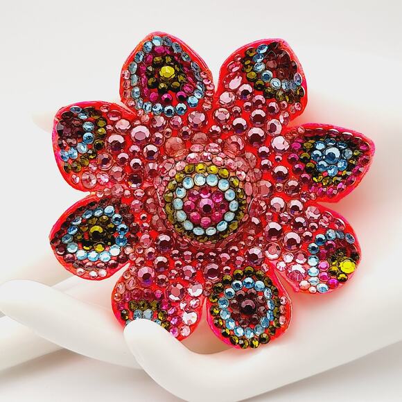 Vintage 1960s Hot Pink Enamel Flower Flat Back Rhinestones Large Brooch - Picture 3 of 8
